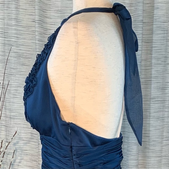 Adrianna Papell solid blue gathered halter styled evening party dress. - Picture 8 of 16
